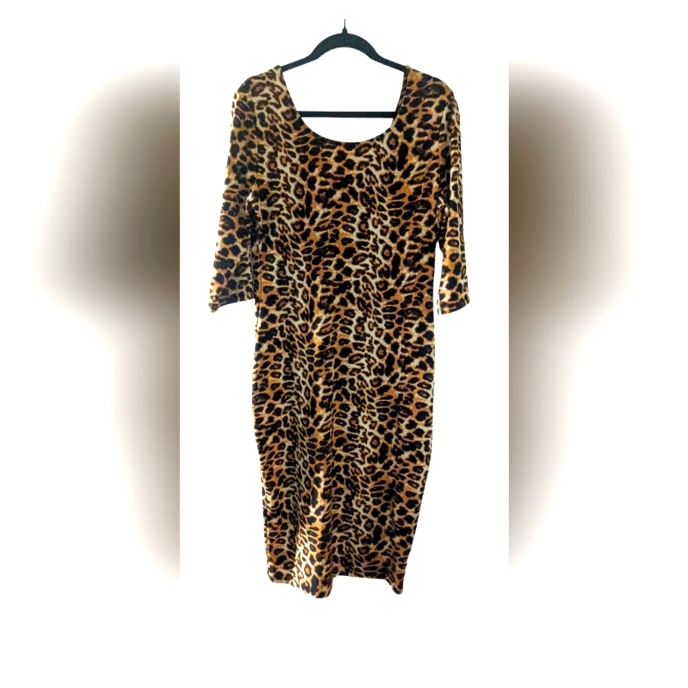 Huusa Sexy Ladies Leopard Low V Back Long Sleeve Formal Cocktail Party Midi Dres